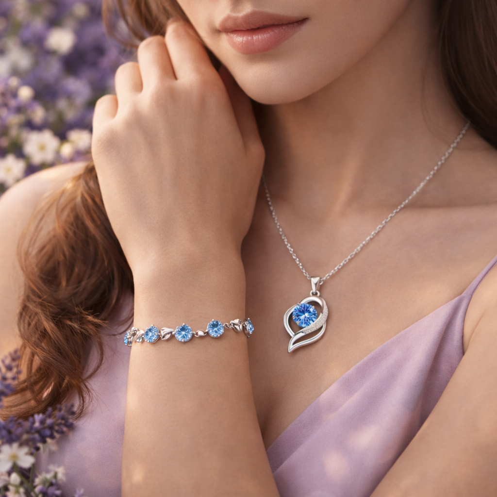 Bracelet et Collier « Bleu Turin » – avec pierres Quartz Bleu & Cristaux Luminia