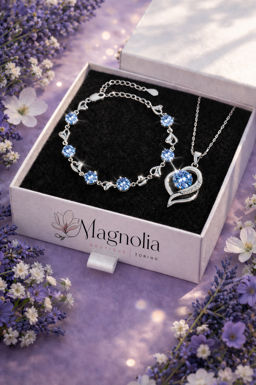 Bracelet et Collier « Bleu Turin » – avec pierres Quartz Bleu & Cristaux Luminia